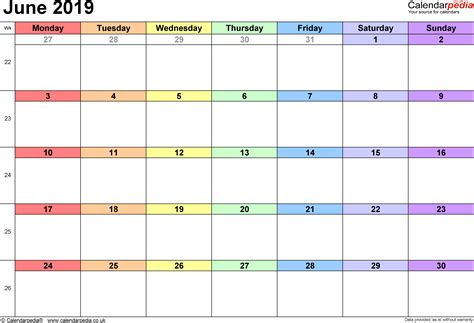 Calendar June 2019 Uk With Excel Word And Pdf Templates