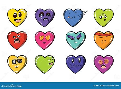 Set Of Heart Shaped Cartoon Emojis Stock Illustration Illustration