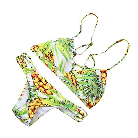 Snowshine3 Ylw Women Print Bikini Set Swimwear Push Up Padded Bra