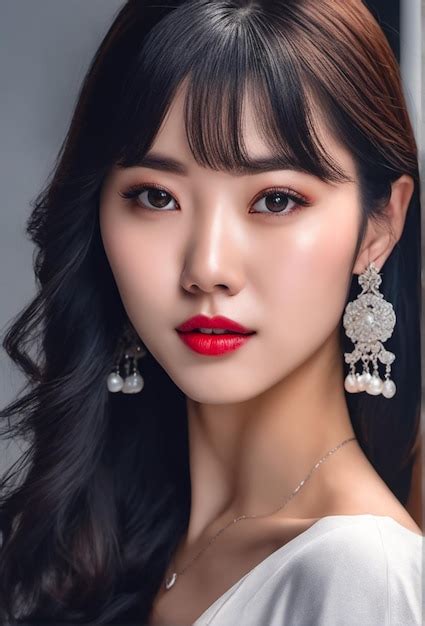 Premium AI Image A Photo Of Beautiful Asian Woman Black Hair And Red Lips