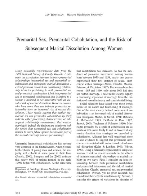 premarital sex premarital cohabitation and the risk of subsequent marital dissolution among