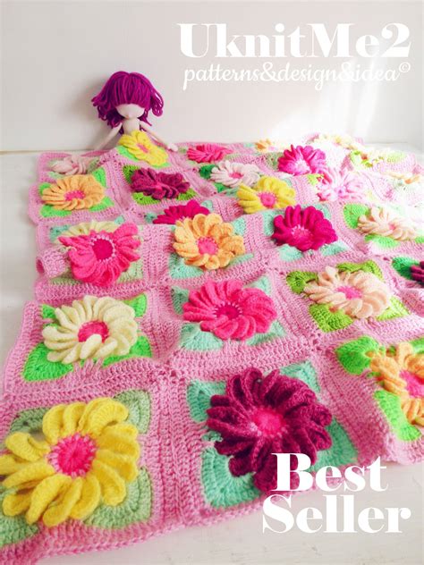Baby Blanket Floral Crochet Pattern Gerbera 3d Flower Granny Etsy