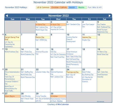 November 2022 Calendar With Holidays Pelajaran
