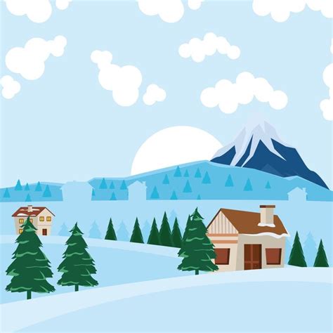 Paisaje Nevado De Invierno Con Casas Vector Premium