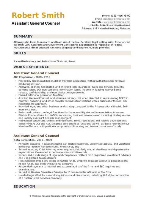Start editing this assistant general manager resume sample with our online resume builder. Assistant General Counsel Resume Samples | QwikResume