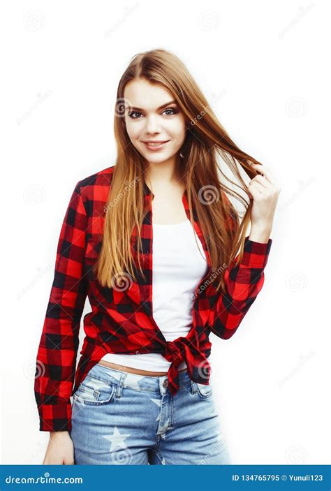 Young Pretty Teenage Hipster Girl Posing Emotional Happy Smiling Stock