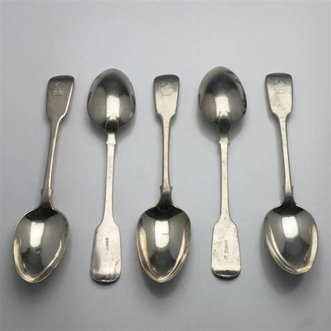 Set Of 5 Victorian Crested Silver Spoons By Sweet London Flatware