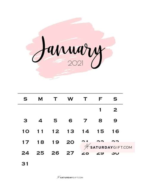 Cute And Free Printable January 2021 Calendar Saturdayt