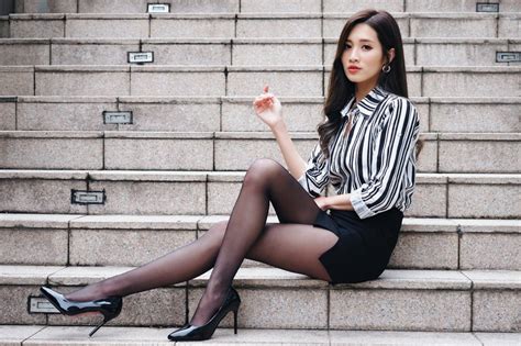 black skirts model dark hair long hair asian black heels sitting nylons 1080p stairs