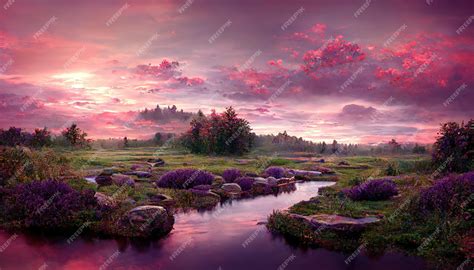 Premium Photo Raster Illustration Of River In A Lavender Field