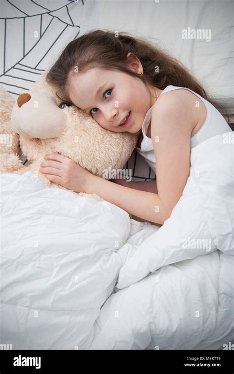 Beautiful 7 8 Year Old Girl Sleeping Girl In The Bed With Copy Space