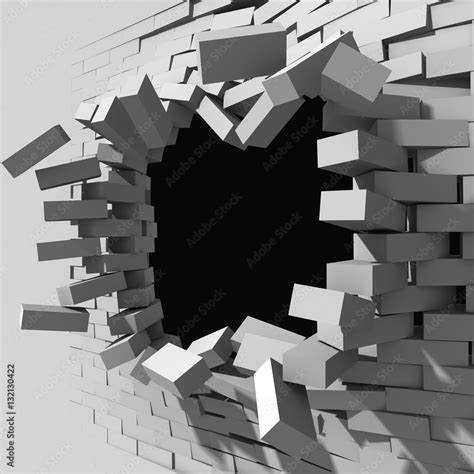 Broken Brick Wall With Explosion Cracked Hole Stock Illustration