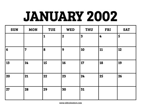 Calendar January 2002 Printable Old Calendars