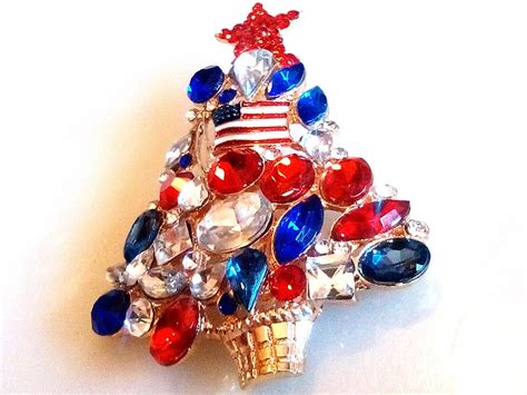 Patriotic Christmas Tree Brooch Enameled Crystal Rhinestone Etsy