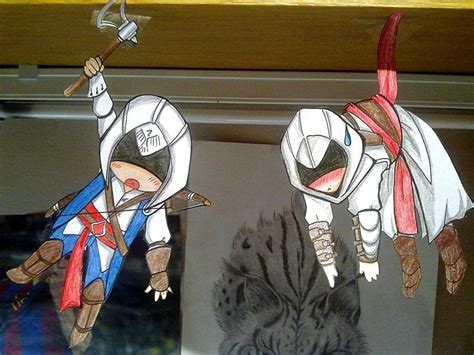 Paper Cutouts Of Two Ninjas Hanging From A Clothesline With An Eagle