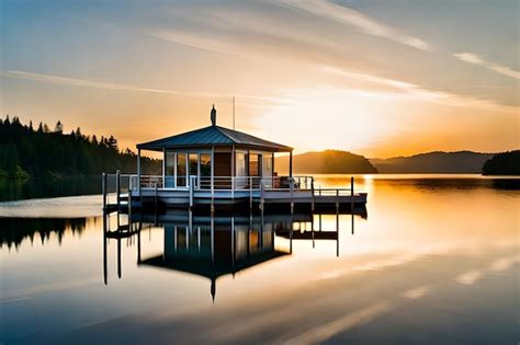 Premium Ai Image A Boathouse On A Lake With A Sunset In The Background