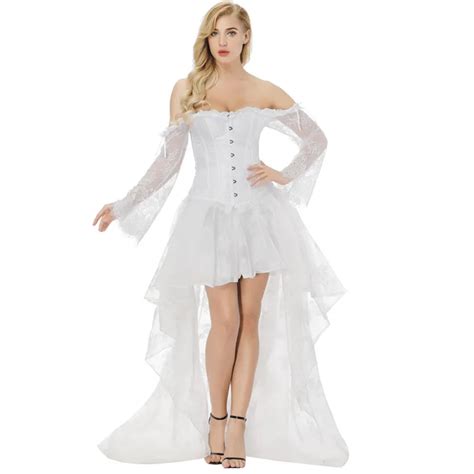 women s vintage steampunk long lace sleeve bridal corset dress victorian retro gothic white