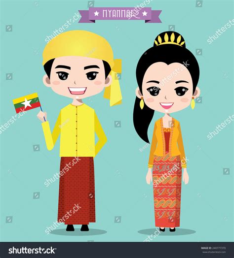 Myanmar Boy Girl Traditional Costume Stock Vektor Royaltyfri