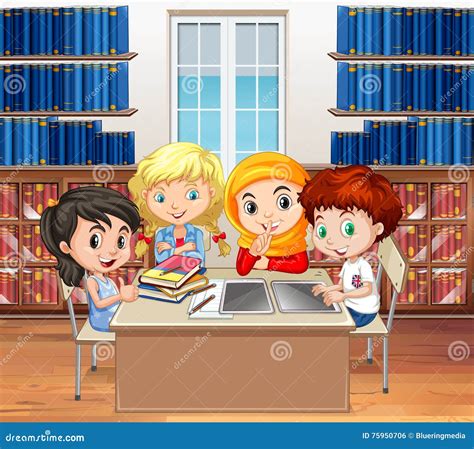 Students Reading Books In The Library Stock Vector Illustration Of