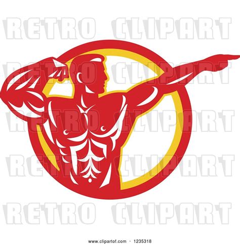 Vector Clip Art Of Retro Red Bodybuilder Flexing And Pointing Over A