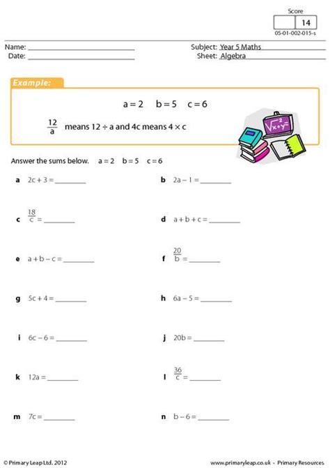 Year 6 maths worksheets on algebra and measures: PrimaryLeap.co.uk - Simple algebraic expressions Worksheet ...