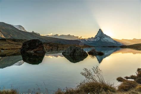 Panoramic Evening View Of Lake Stellisee With The Matterhorn Cervino