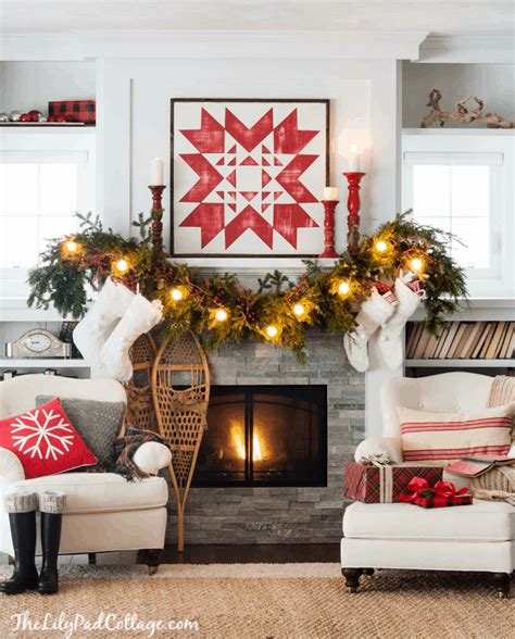 This modern farmhouse mantel from damask. Cozy Quilt Christmas Mantel Decor - The Lilypad Cottage