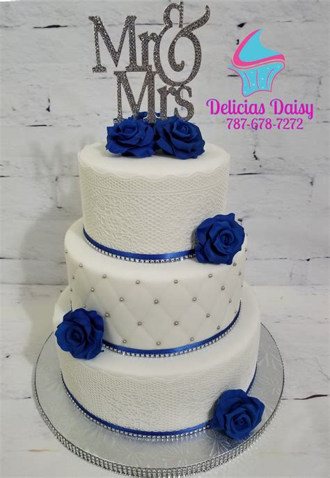Wedding Cake Sugar Lace And Roses White Silver And Royal Blue