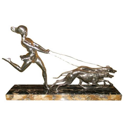 Art Deco Sculpture French Woman With Greyhounds By Maxim Deco Statue