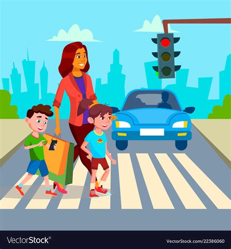 Mother With Children Walk At Crosswalk Royalty Free Vector