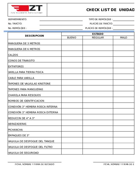 Xls Check List Equipo De Unidades Sandra Geronimo Del Angel