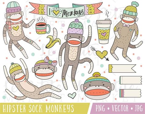 Hipster Sock Monkey Clipart Images Sock Monkey Clip Art Etsy