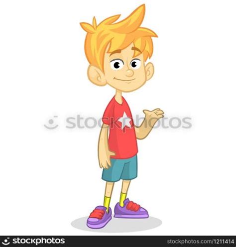 Cute Blonde Boy Waving And Smiling Vector Cartoon Illustration Of A