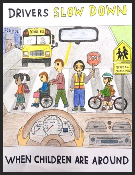 Its a city scene drawing of a road safety poster for children. Traffic Safety Poster Competition