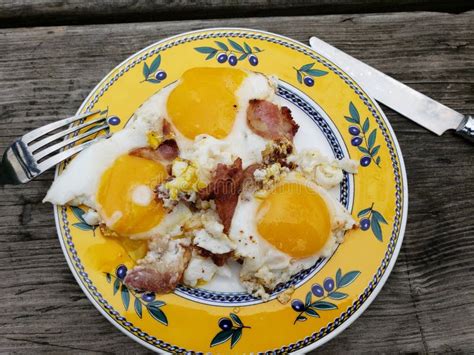 Bacon And Eggs On A Colorful Plate On Picnic Table Stock Photo Image