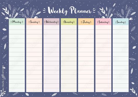 Simple Colorful Weekly Planner Printable Floral Vector Schedule Dark