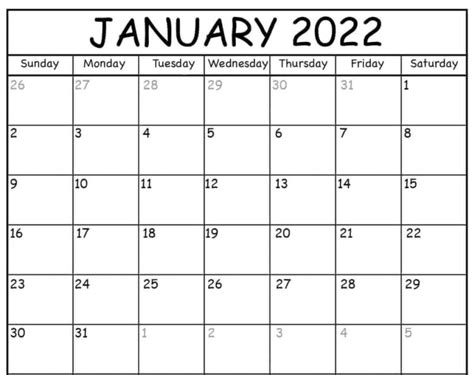 Free January Calendar 2022 Printable Template Blank In Pdf Word Excel