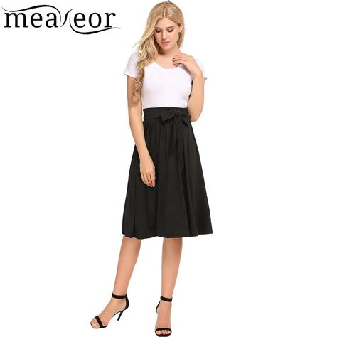Meaneor Pleated Women Skirts Casual Elastic High Waist A Line Pleated
