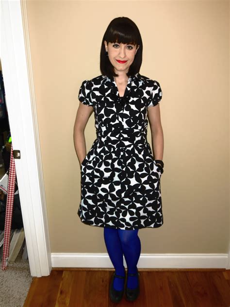 Black And White Floral Dress Blue Tights Black Mary Janes White