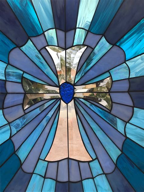 Beautiful Blue Cross Stained Glass Window Panel Or Cabinet Insert