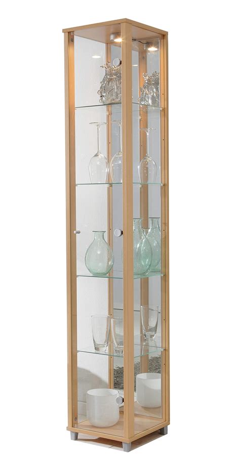 Buy Lockable Fully Assembled Home Beech Single Glass Display Cabinet 4 Glass Shelves Mirror