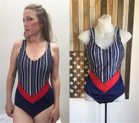 One Piece Swimsuit 80s Red White And Blue Striped Bathing Etsy