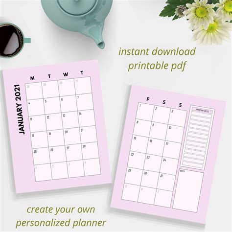 Monthly Planner Printable 2021 Calendar Insert Purple Etsy