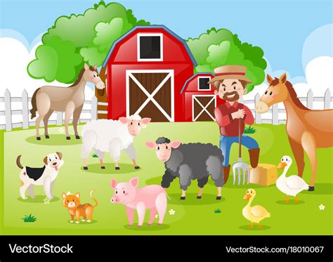 Farmer And Farm Animals In The Farmyard Royalty Free Vector