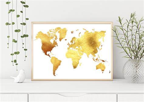 Gold Wall Art Printable Gold World Map Print World Map Wall Etsy
