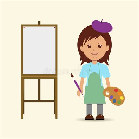 Woman Artist Painting On Easel Creative Hobby Or Profession Cartoon