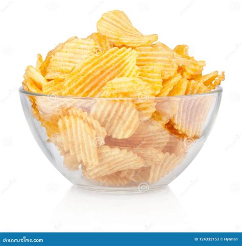 Crinkle Cut Potato Chips In Bowl Isolated On White Background Stock