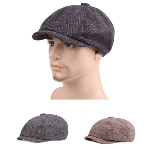 Black Grey Herringbone Newsboy Baker Boy Tweed Flat Cap Mens Gatsby Hat