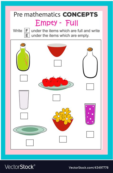 Full And Empty Object Learning Worksheet Vector Image