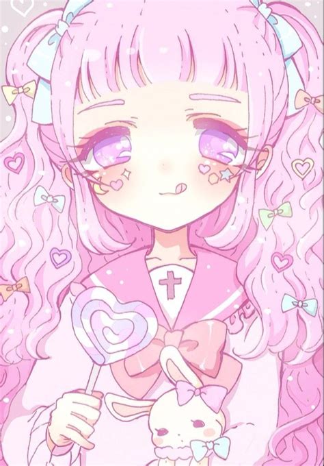 Anime Art Pastel Pink Hair Ribbons Lollipop Makeup
